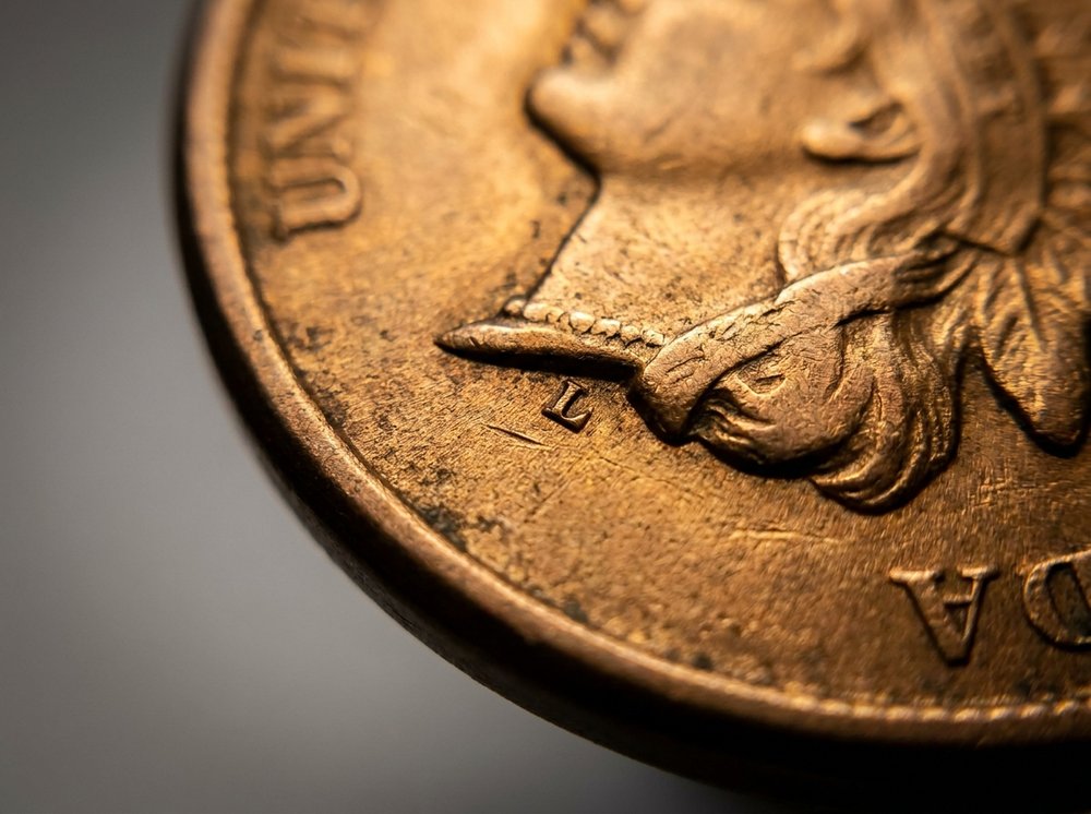 Macro photo of the small L initial on the ribbon of an 1864 bronze Indian Head cent