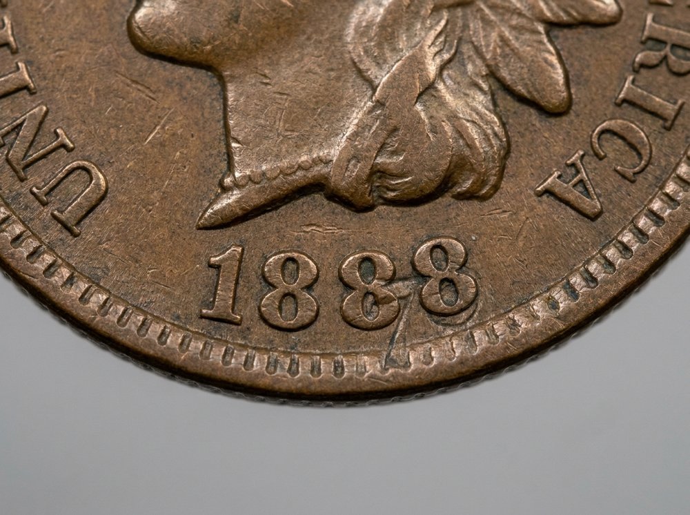 Magnified view of the 1888 over 7 overdate variety on an Indian Head cent showing the underlying digit