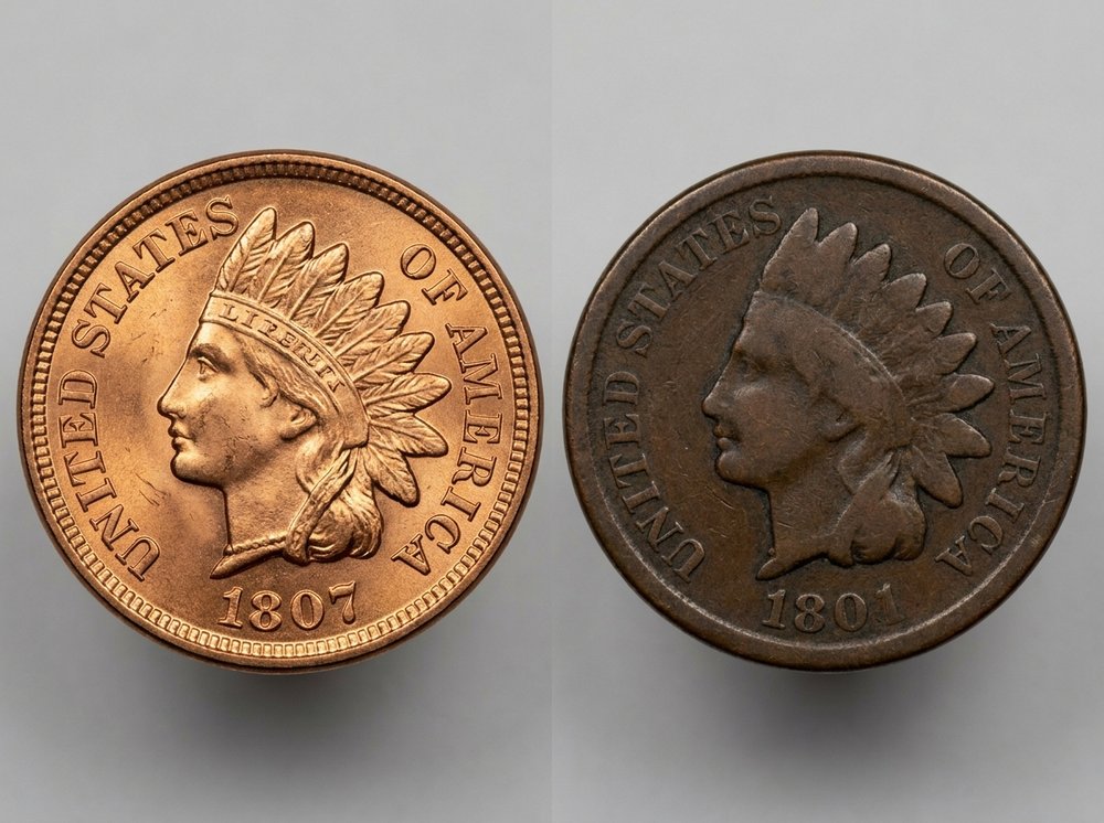 Side by side comparison of a full red uncirculated Indian Head cent and a worn brown circulated example